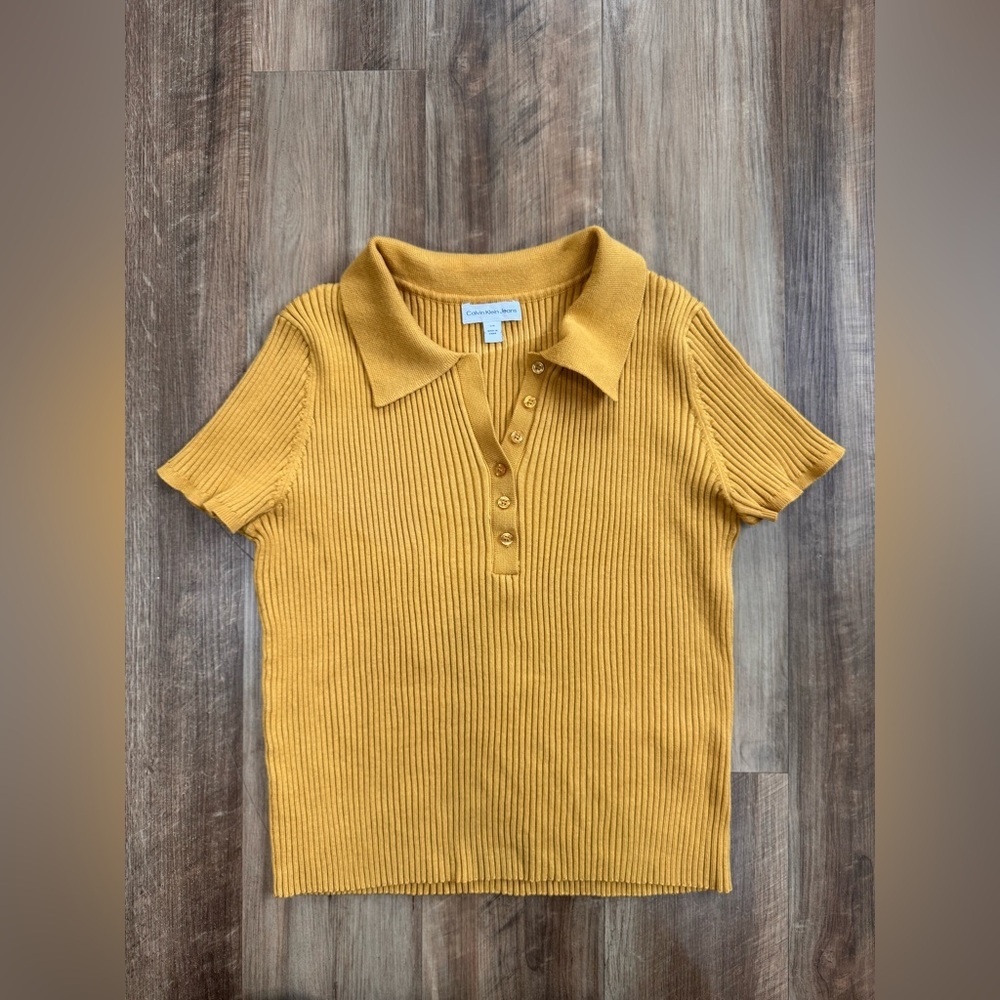 Calvin Klein Yellow Ribbed Button Polo Shirt - Picture 9 of 10